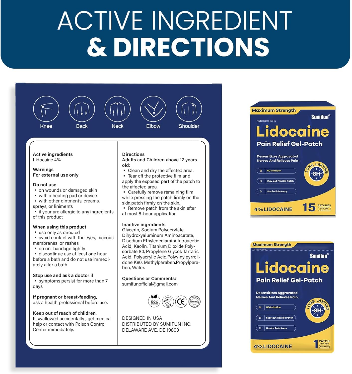Sumifun 4% Lidocaine Pain Relief Patches 45 Counts (15*3)