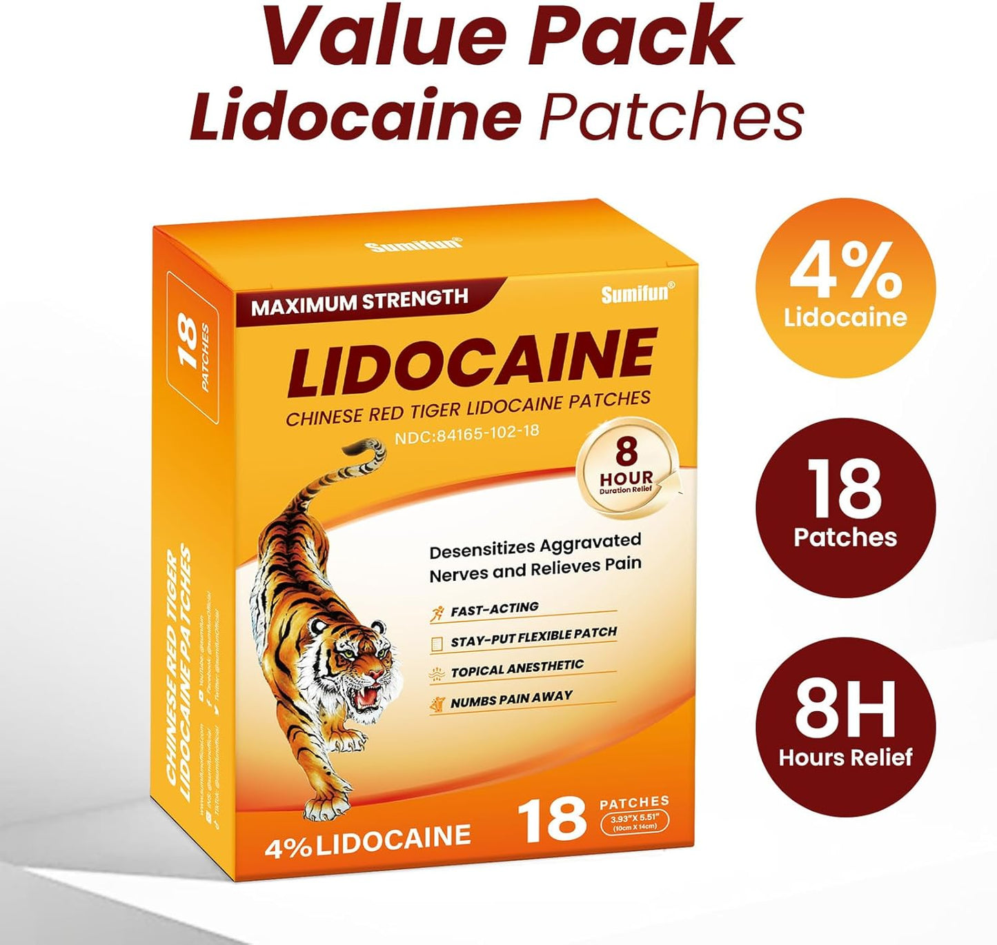 4% Lidocaine Pain Relief Patches,18 Count-Chinese Red Tiger Lidocaine Patches