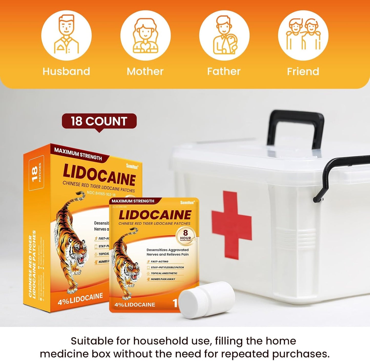 4% Lidocaine Pain Relief Patches,18 Count-Chinese Red Tiger Lidocaine Patches