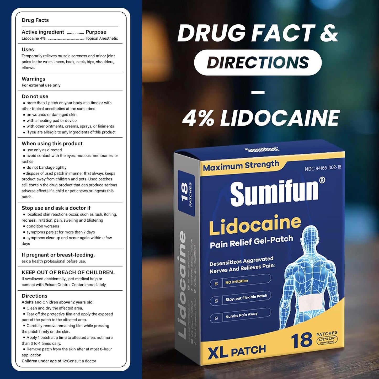 Sumifun 4% Lidocaine XL Pain Patches | Extra Large 4.72"x7.87"