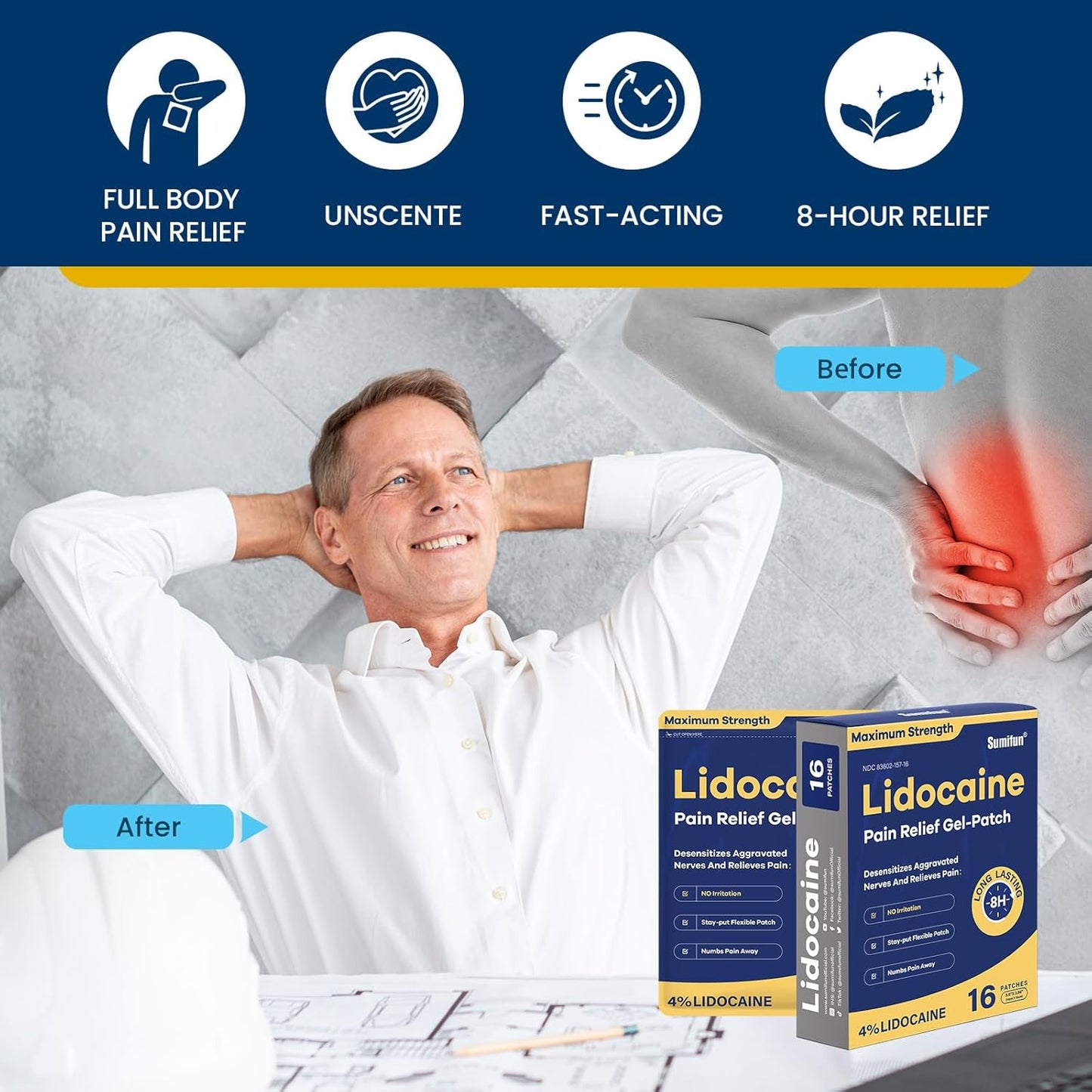 Sumifun 4% Lidocaine Pain Relief Patches 16 Counts